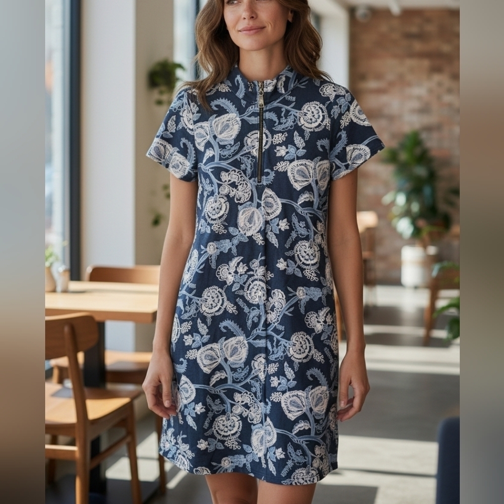 Sz Small Spartina Island Oyster Factory Dress Navy White Floral 100% Cotton